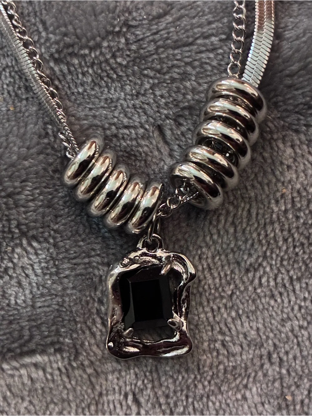 Men's Double Layer Stainless Steel Cuban Link Necklace, Black Gemstone Pendant